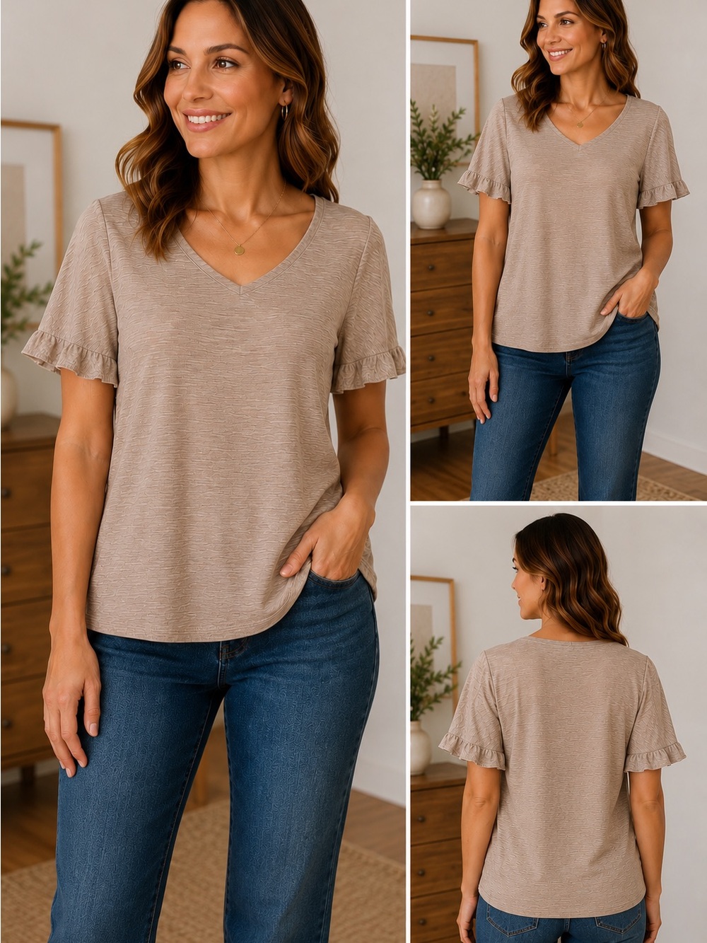 Women’s Short Sleeve Textured Tee ruffle sleeves